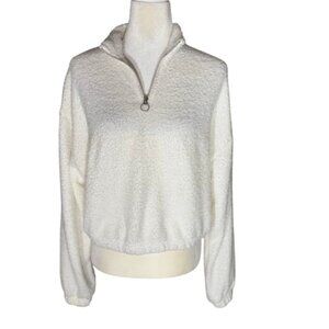 Reebok Women's White Cozy Cover Up Pullover Quarter-Zip Fuzzy Sweatshirt Large
